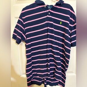 Men’s poloRL polo shirt, blue with pink stripes, very good condition, size XXL.
